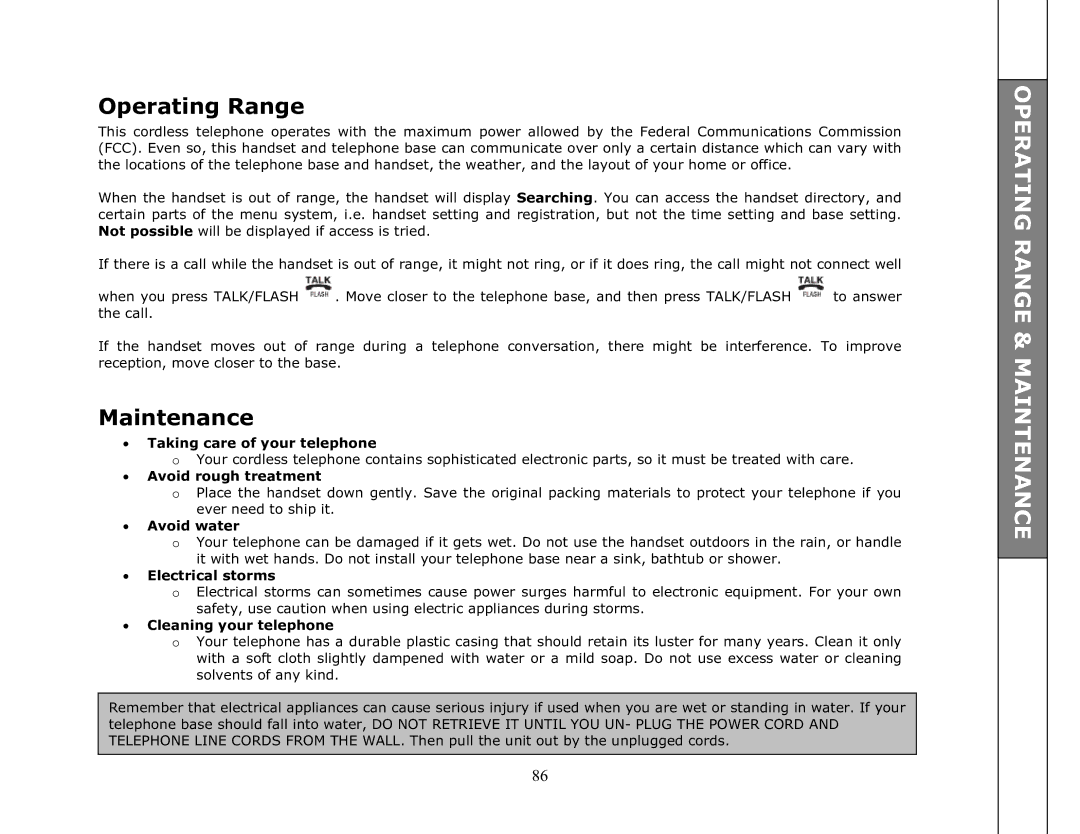 VTech ip8301 manual Operating Range, Maintenance 