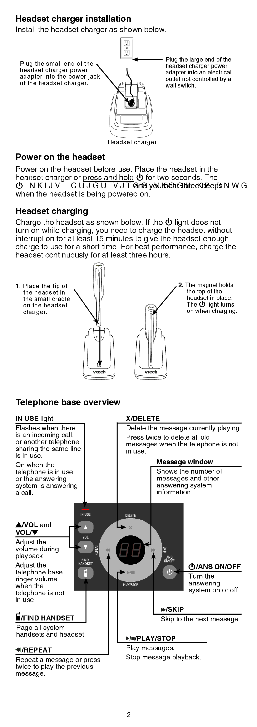 VTech LS6325-2, IS6100 Headset charger installation, Power on the headset, Headset charging, Telephone base overview 