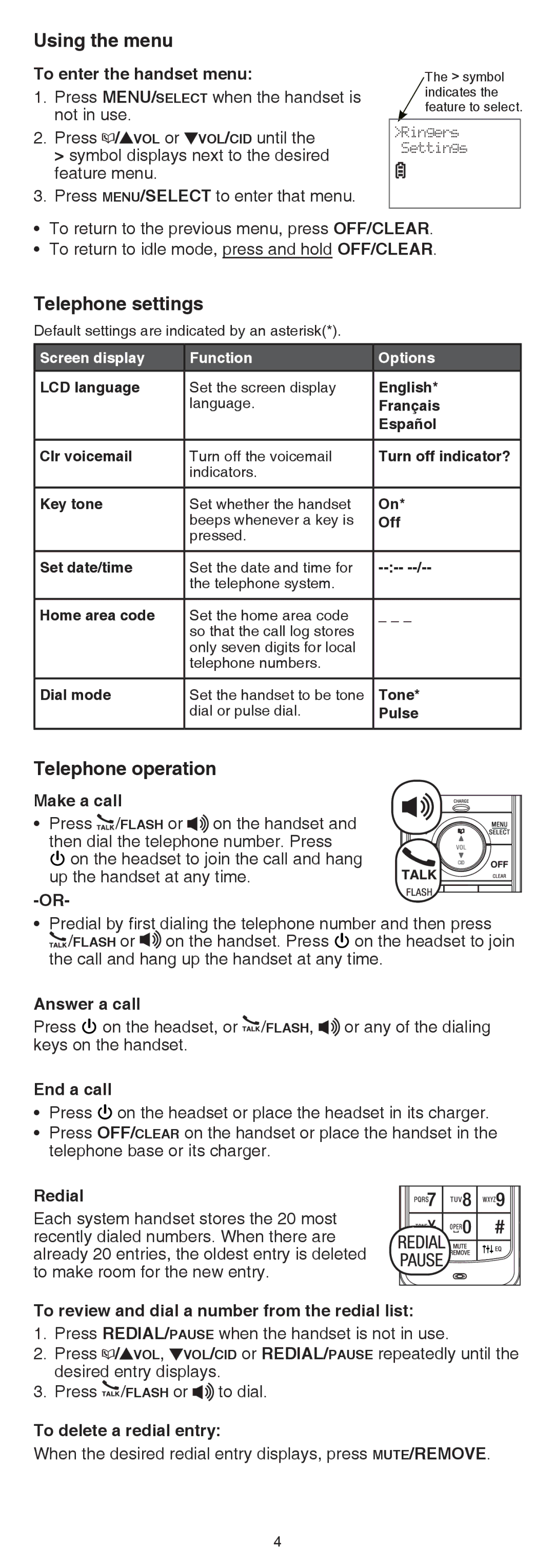 VTech LS6375-3, IS6100, LS6325-2 quick start Using the menu, Telephone settings, Telephone operation 