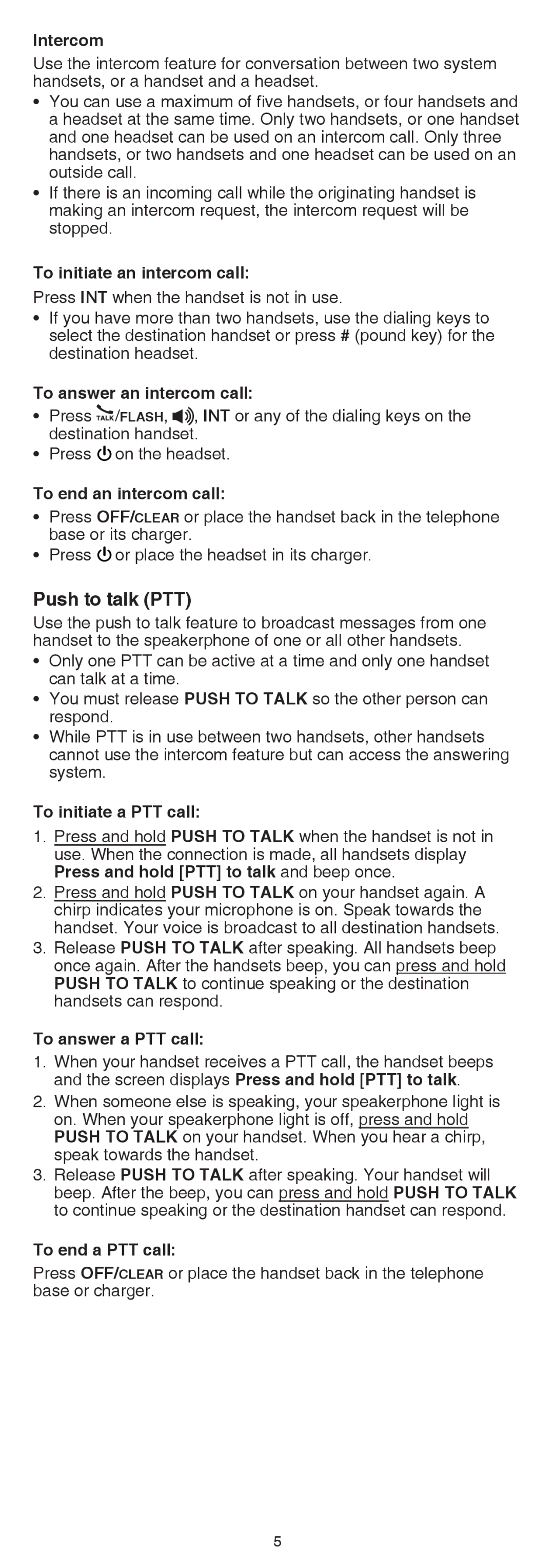 VTech LS6325-2, IS6100, LS6375-3 quick start Push to talk PTT 