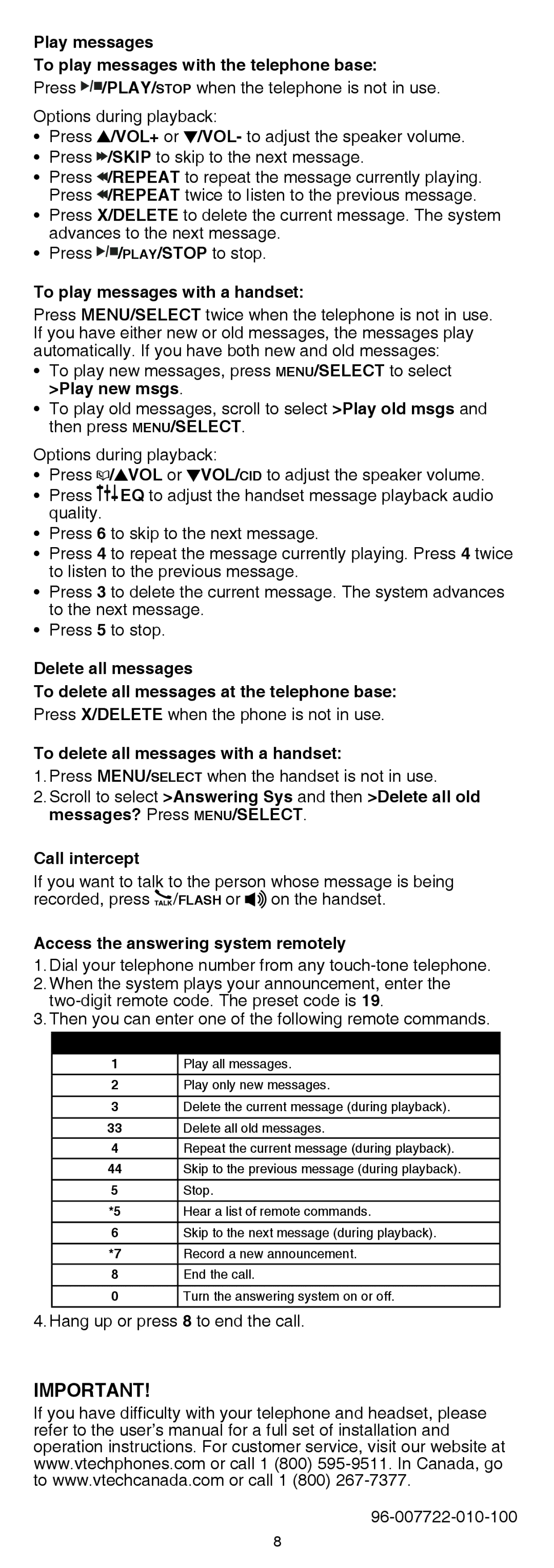 VTech LS6325-2, IS6100, LS6375-3 Play messages To play messages with the telephone base, To play messages with a handset 