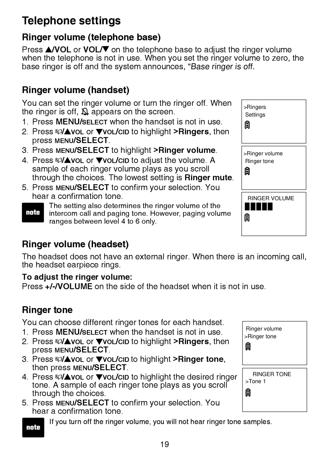 VTech LS6325-2, IS6100, LS6375-3 Ringer volume telephone base, Ringer volume handset, Ringer volume headset, Ringer tone 