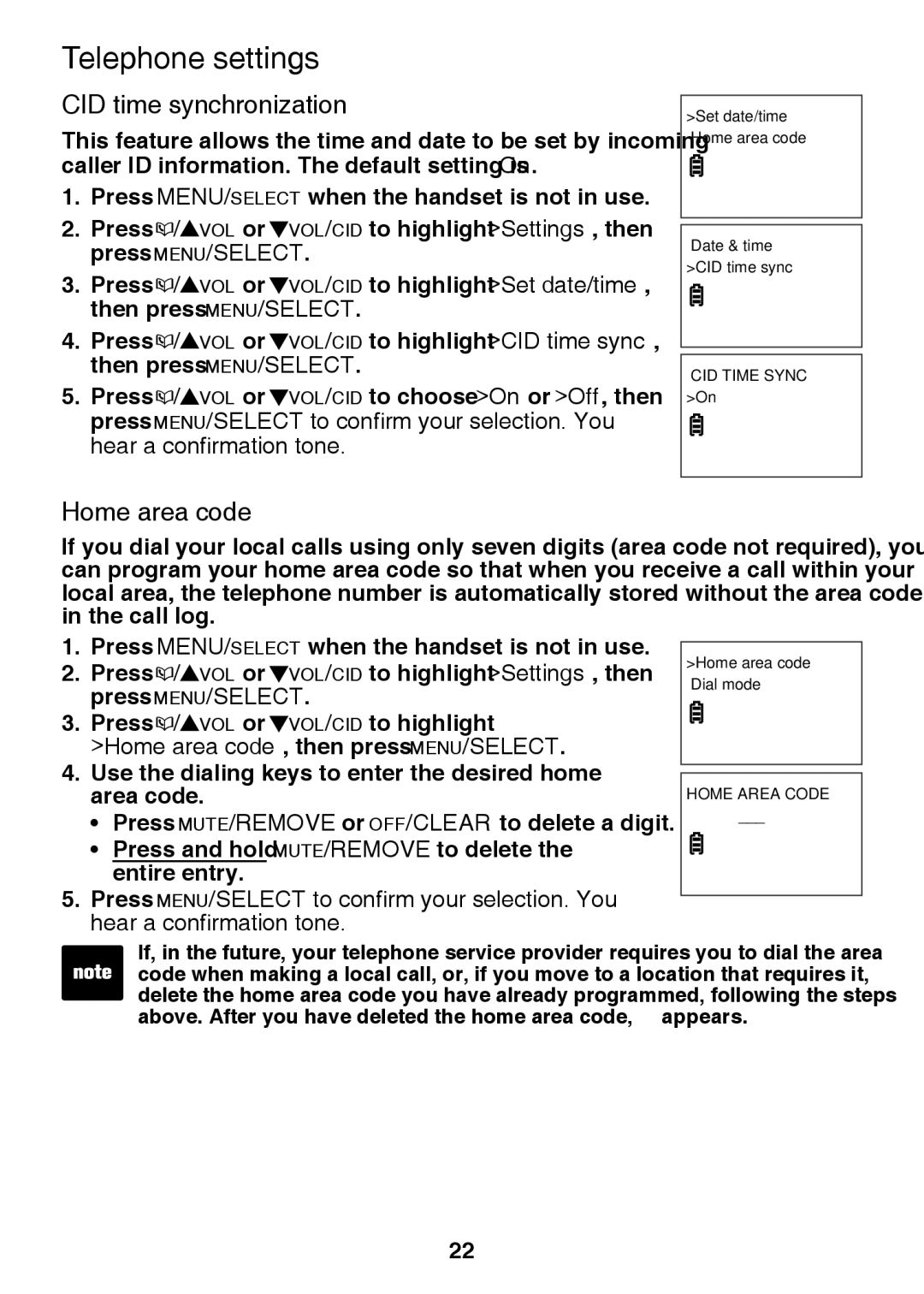 VTech LS6325-2, IS6100, LS6375-3 user manual CID time synchronization, Home area code, then press MENU/SELECT 