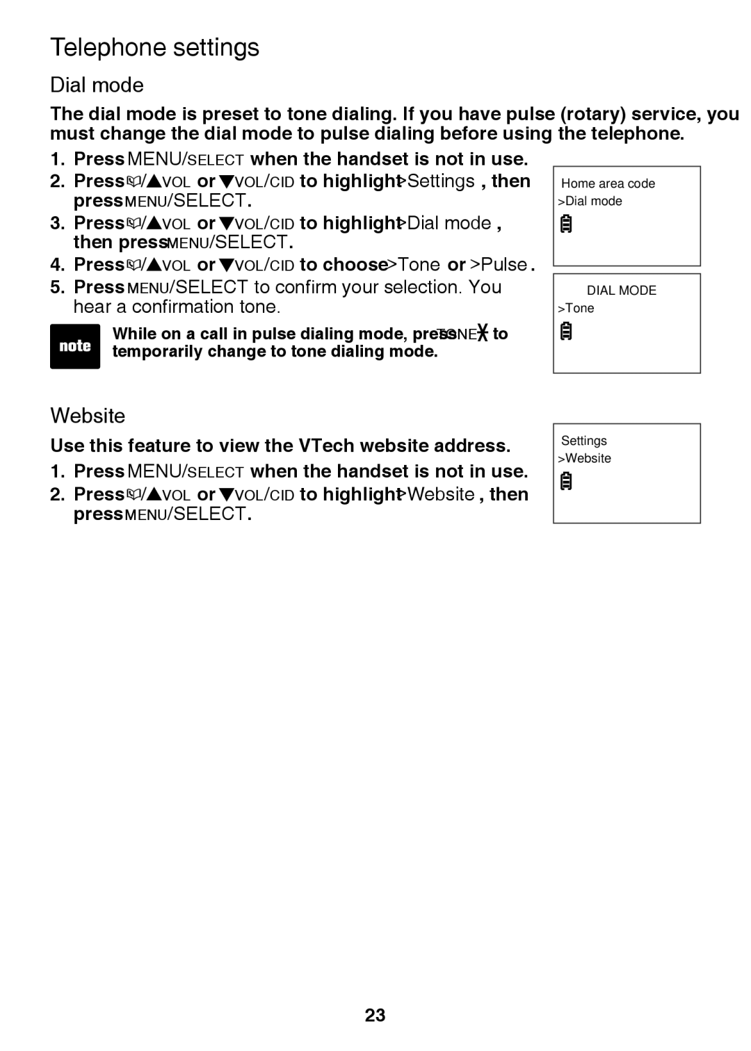 VTech IS6100, LS6375-3, LS6325-2 user manual Dial mode, Website 