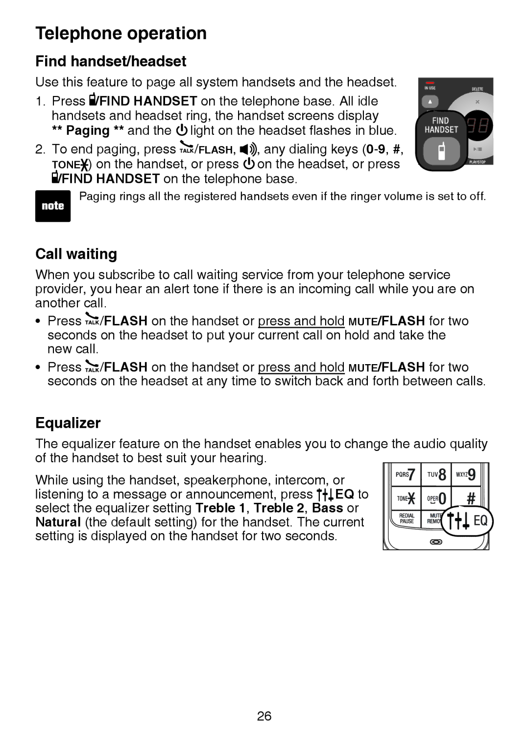 VTech IS6100, LS6375-3, LS6325-2 user manual Find handset/headset, Call waiting, Equalizer 