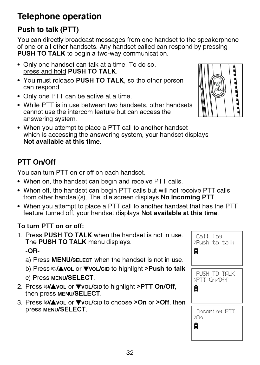 VTech IS6100, LS6375-3, LS6325-2 user manual Push to talk PTT, PTT On/Off, To turn PTT on or off 