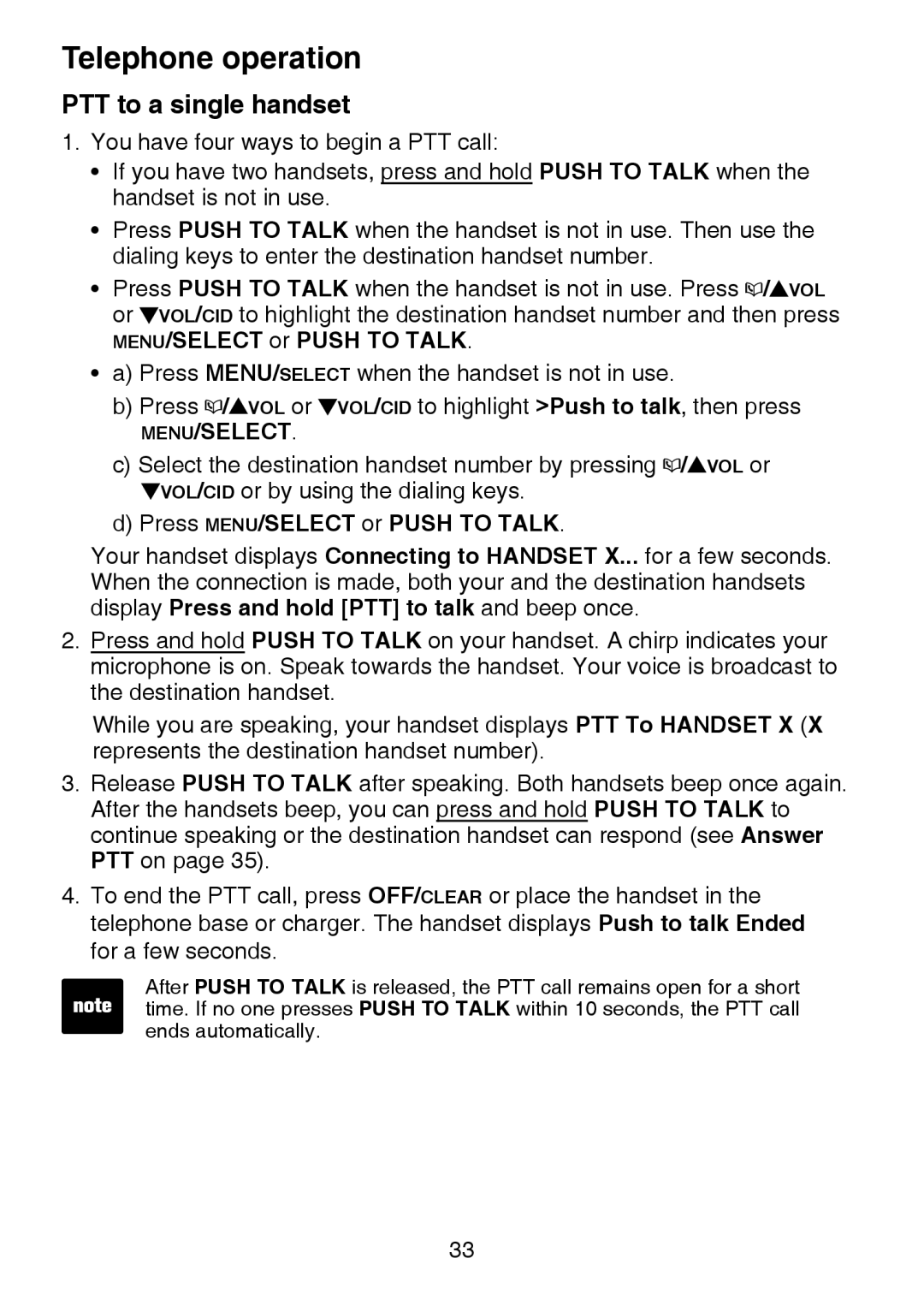 VTech LS6375-3, IS6100, LS6325-2 user manual PTT to a single handset, Press MENU/SELECT or Push to Talk 