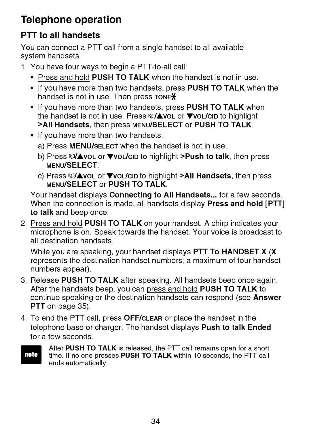 VTech LS6325-2, IS6100, LS6375-3 user manual PTT to all handsets 