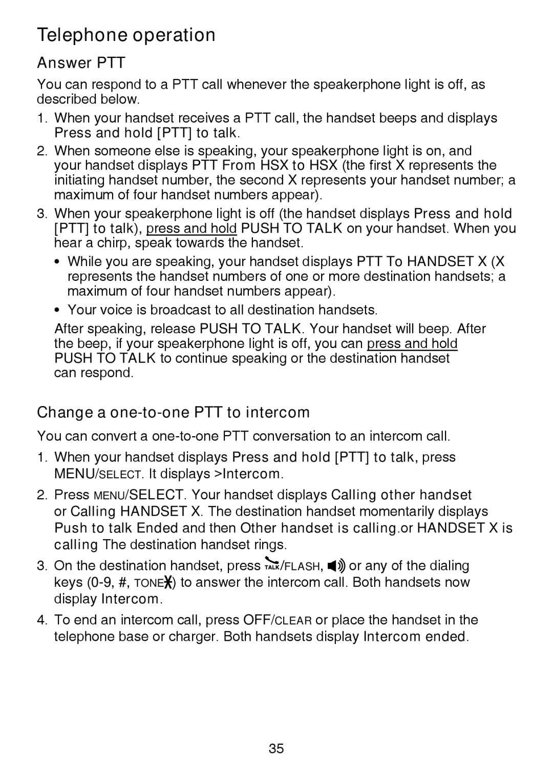 VTech IS6100, LS6375-3, LS6325-2 user manual Answer PTT, Change a one-to-one PTT to intercom 