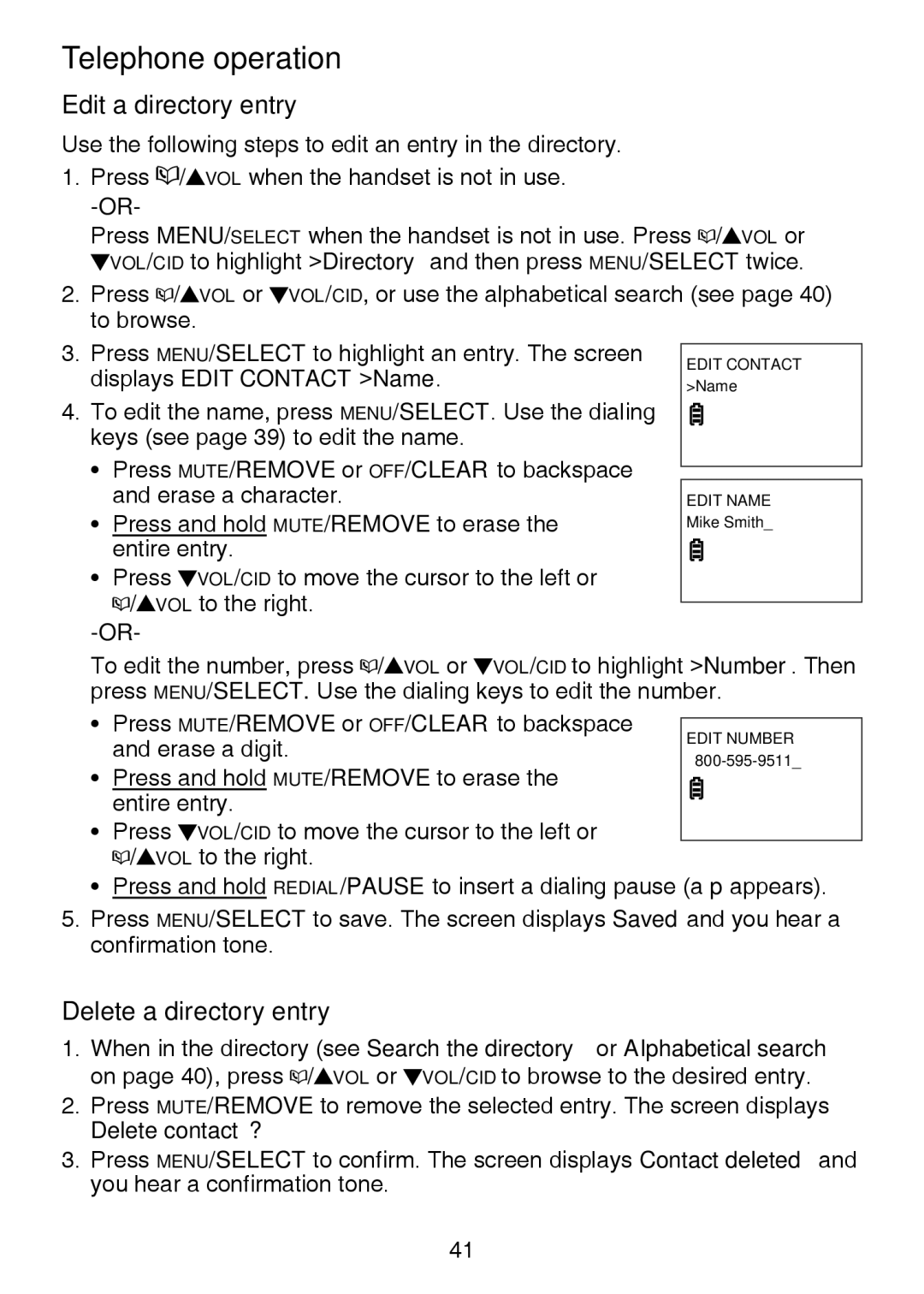 VTech IS6100, LS6375-3, LS6325-2 user manual Edit a directory entry, Delete a directory entry, Delete contact? 