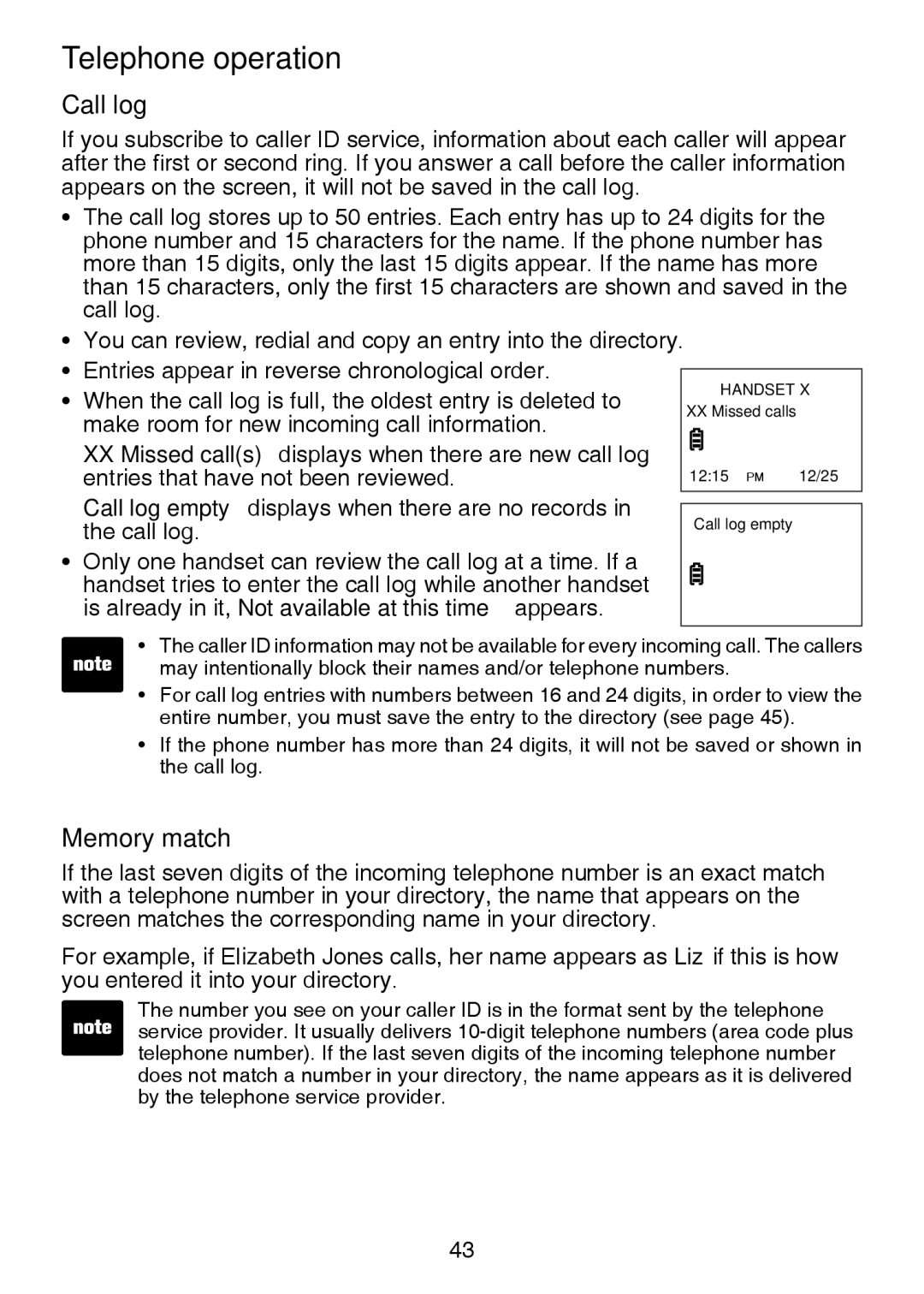 VTech LS6325-2, IS6100, LS6375-3 user manual Call log, Memory match, Is already in it, Not available at this time appears 