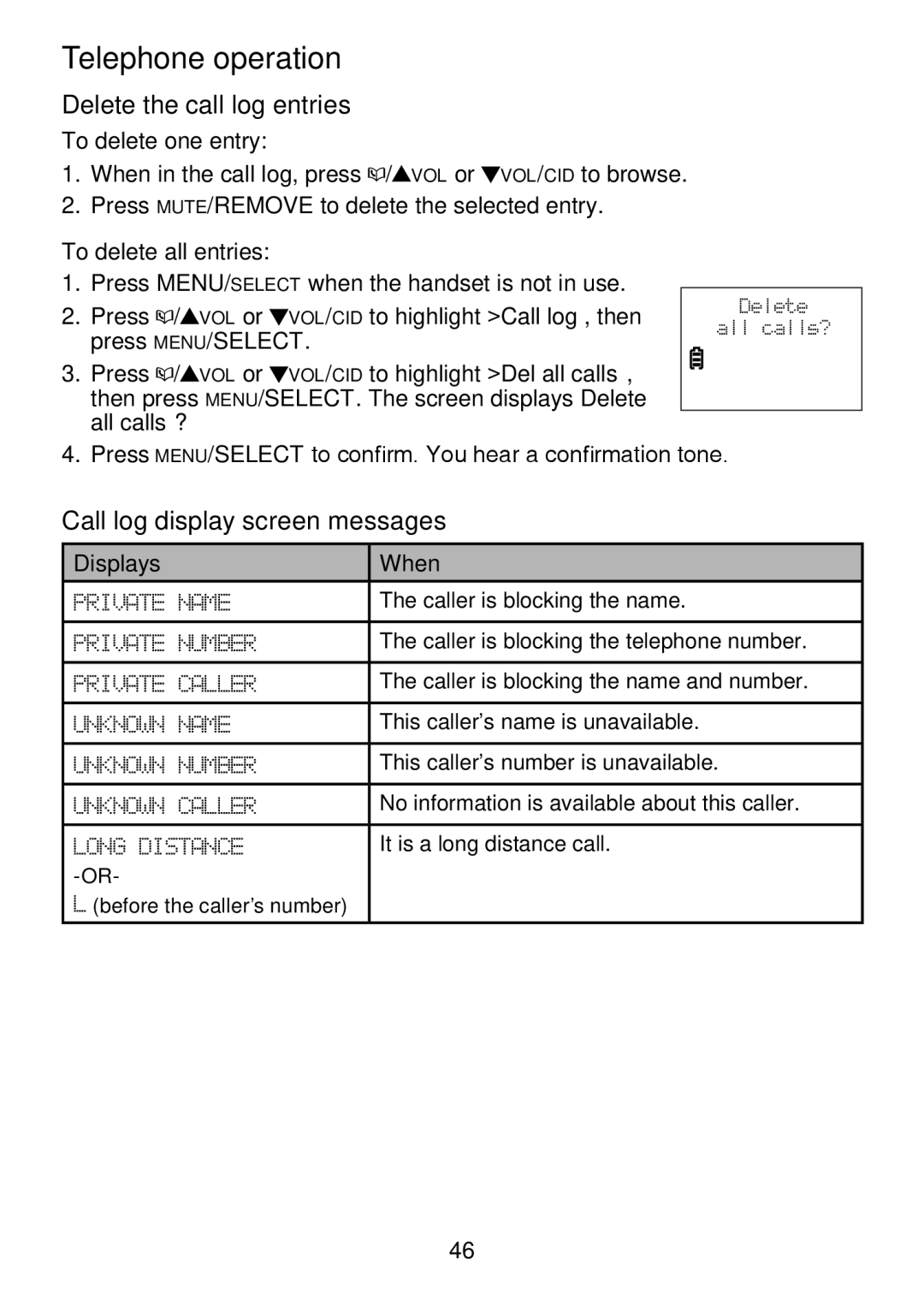 VTech LS6325-2 Delete the call log entries, Call log display screen messages, To delete one entry, To delete all entries 