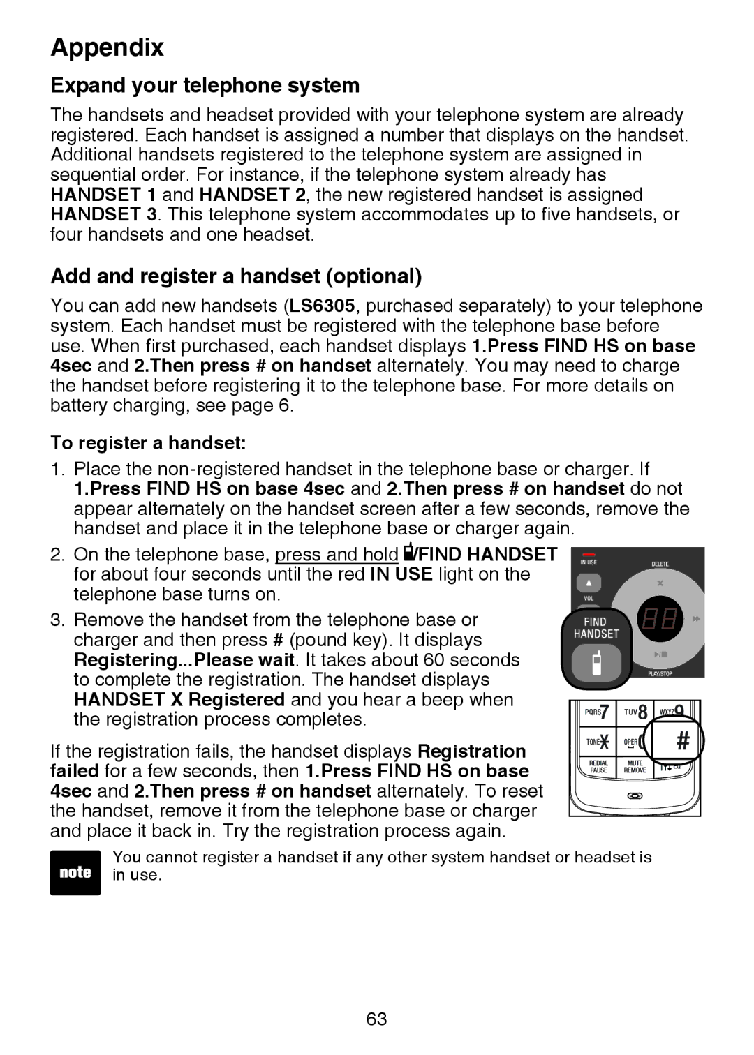 VTech LS6375-3, IS6100, LS6325-2 Expand your telephone system, Add and register a handset optional, To register a handset 