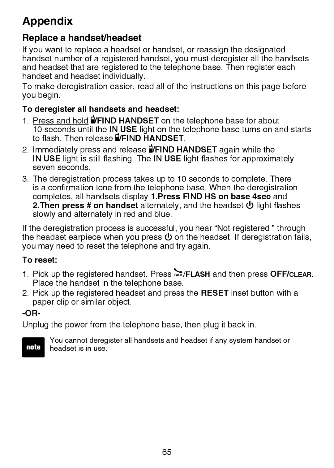 VTech IS6100, LS6375-3, LS6325-2 user manual Replace a handset/headset, To deregister all handsets and headset, To reset 