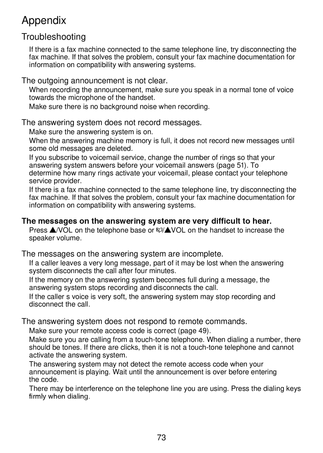 VTech LS6325-2, IS6100, LS6375-3 user manual Outgoing announcement is not clear, Answering system does not record messages 