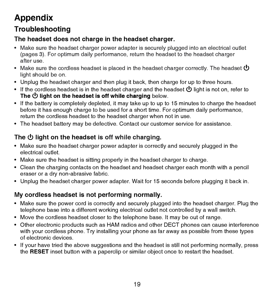 VTech IS6100 user manual Headset does not charge in the headset charger, Light on the headset is off while charging 