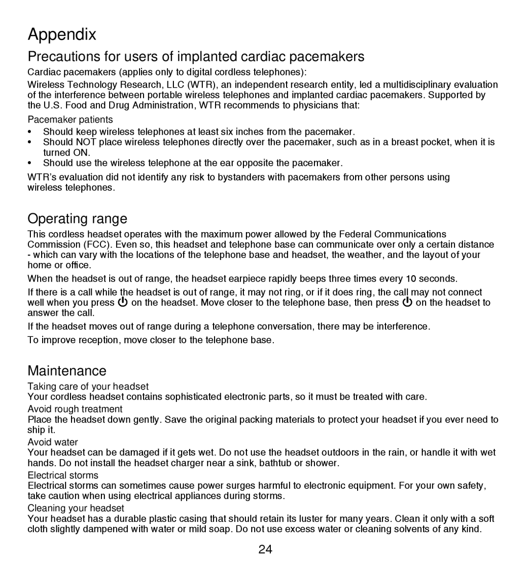 VTech IS6100 user manual Precautions for users of implanted cardiac pacemakers, Operating range, Maintenance 