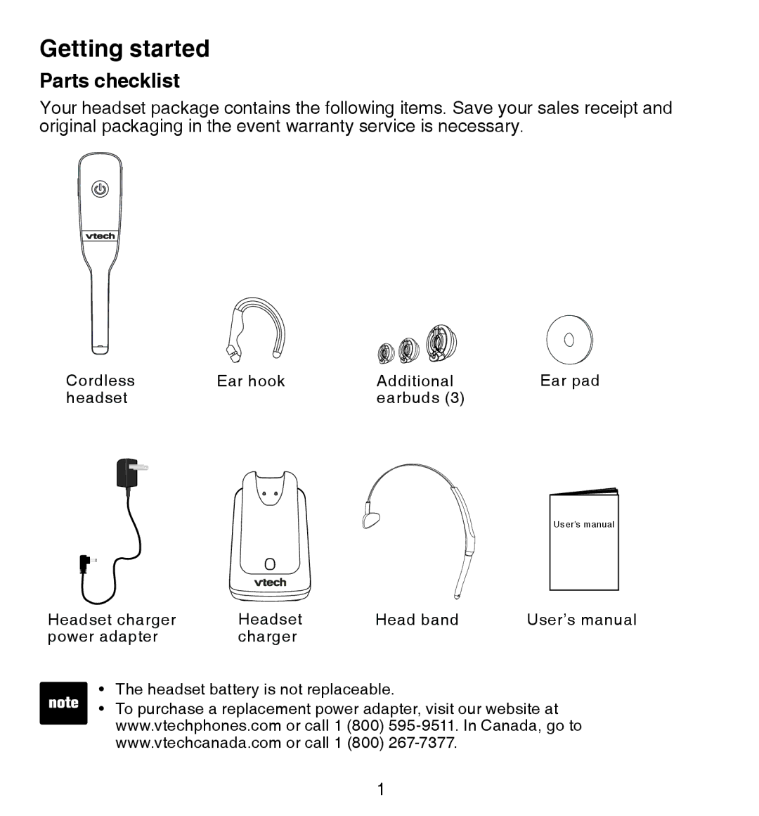 VTech IS6100 user manual Getting started, Parts checklist 