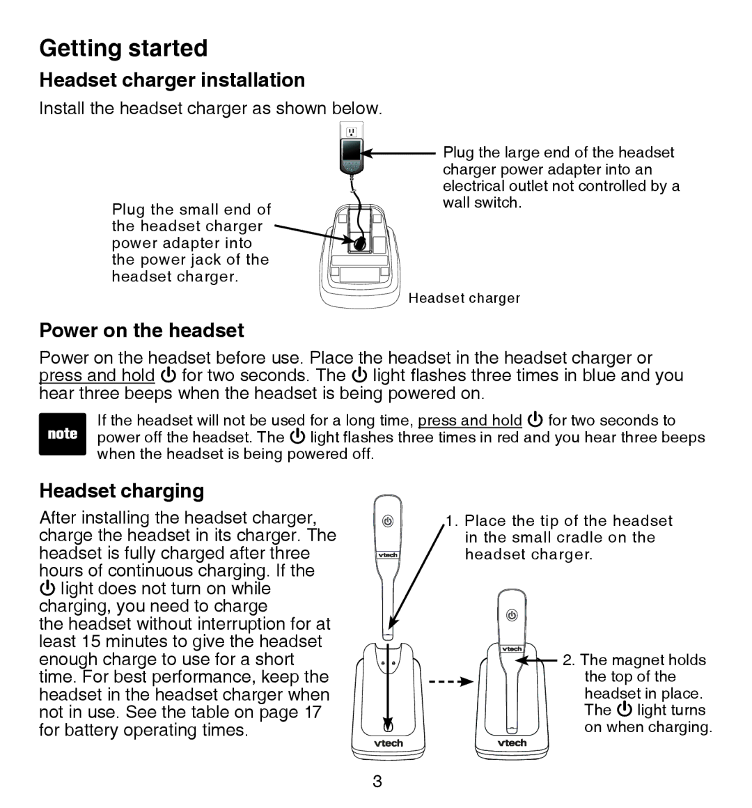 VTech IS6100 user manual Headset charger installation, Power on the headset, Headset charging 