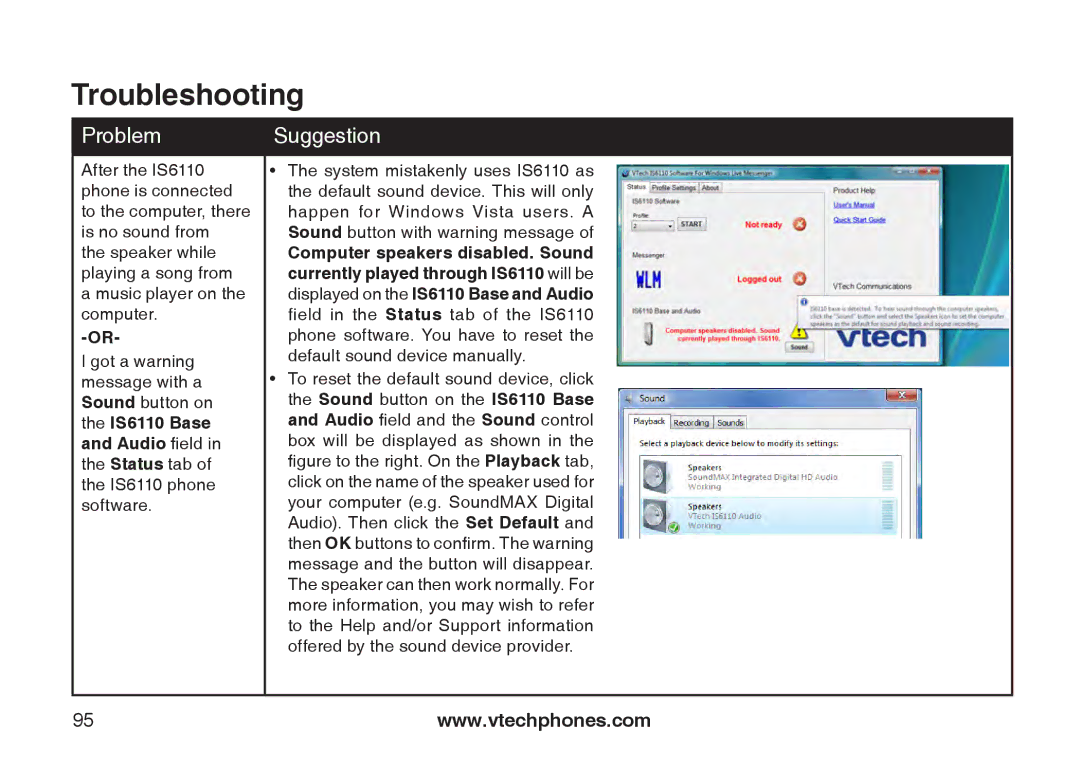 VTech user manual Computer speakers disabled. Sound, Displayed on the IS6110 Base and Audio, Audio field 