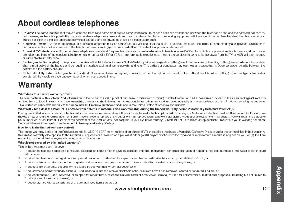 VTech IS6110 user manual About cordless telephones, Warranty 