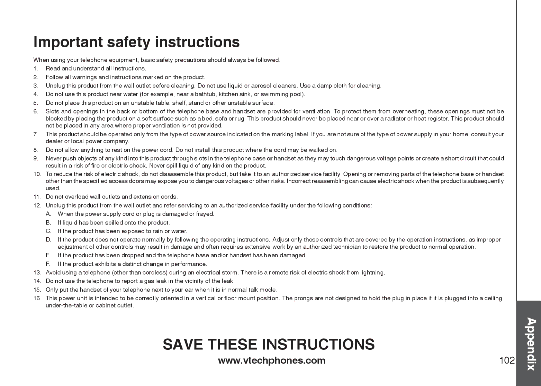 VTech IS6110 user manual Important safety instructions 