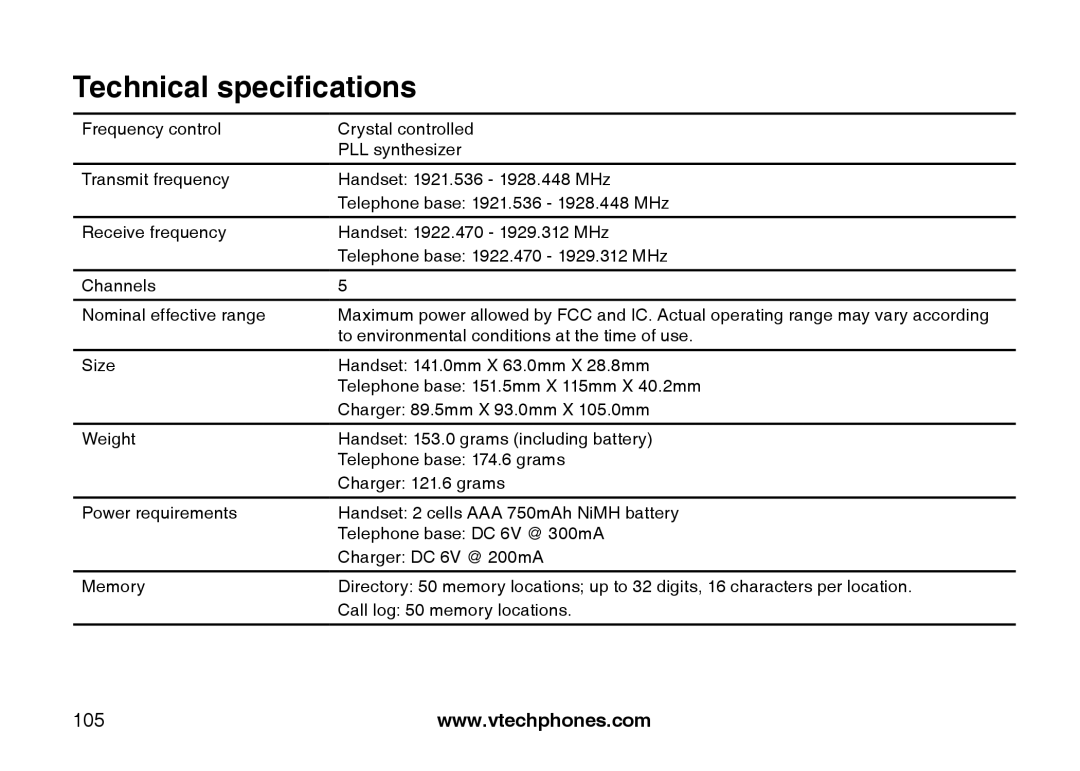 VTech IS6110 user manual Technical specifications 