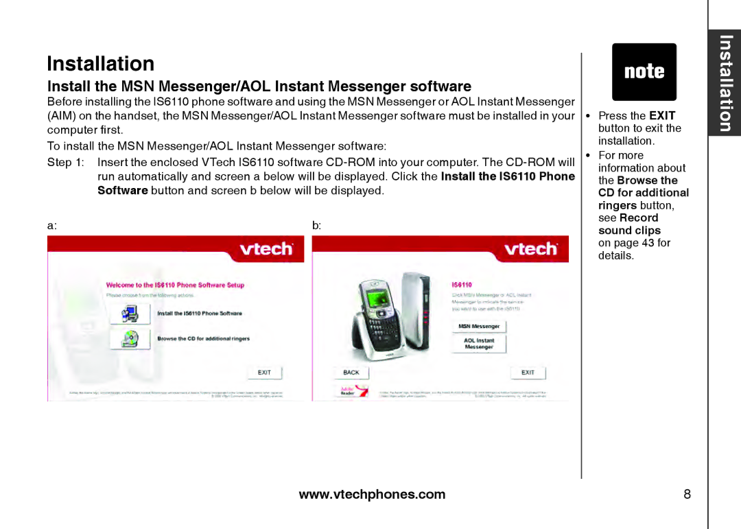 VTech IS6110 user manual Install the MSN Messenger/AOL Instant Messenger software 