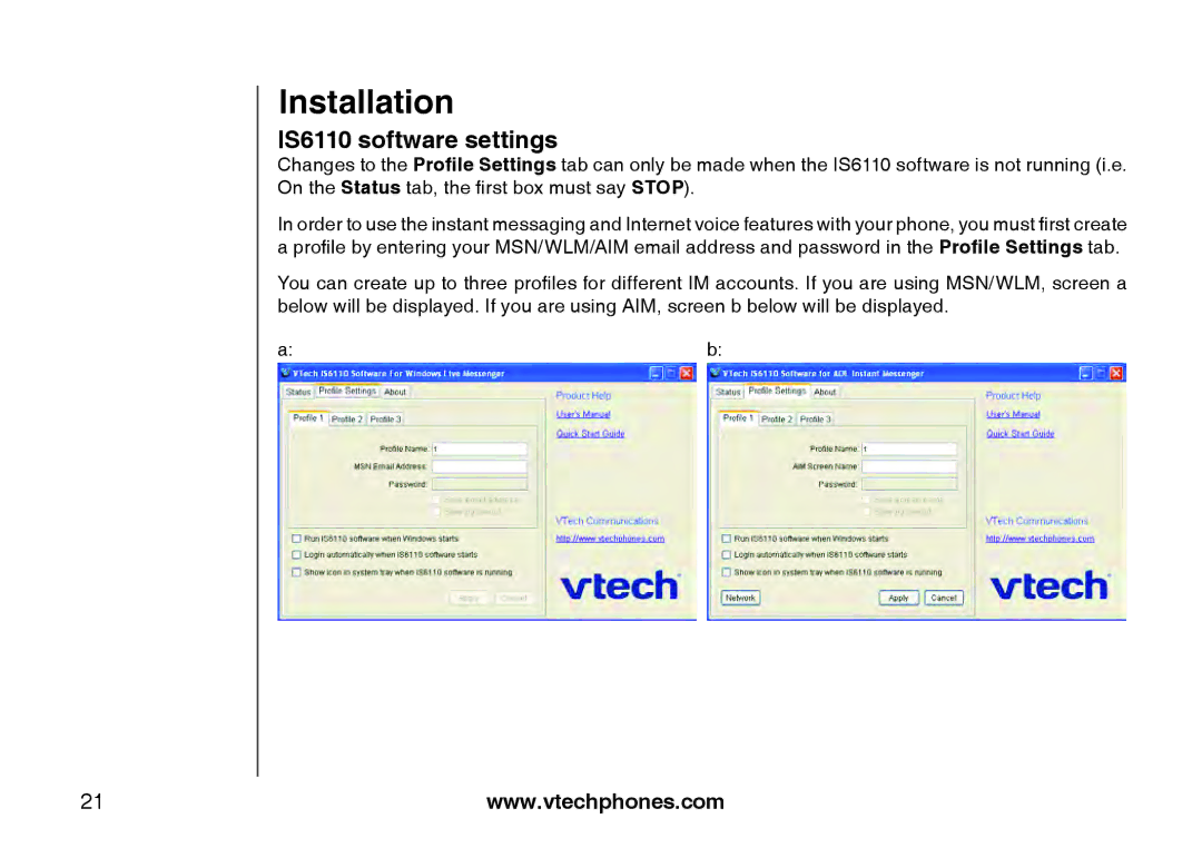 VTech user manual IS6110 software settings 