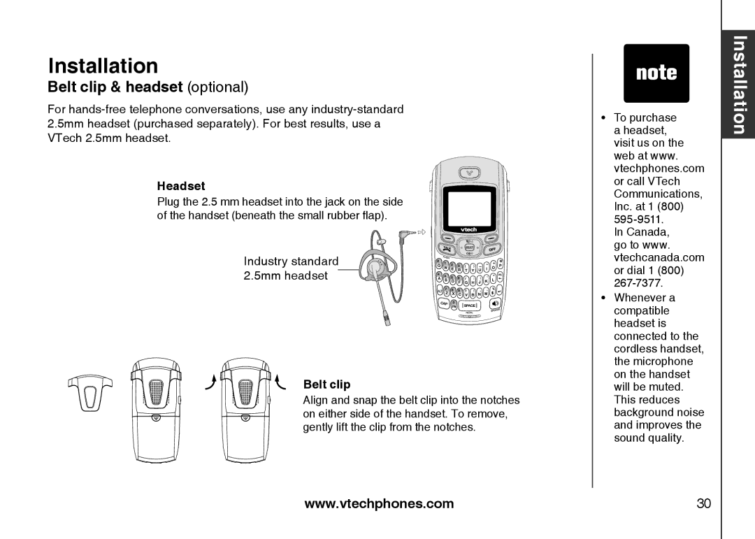 VTech IS6110 user manual Belt clip & headset optional, Headset 