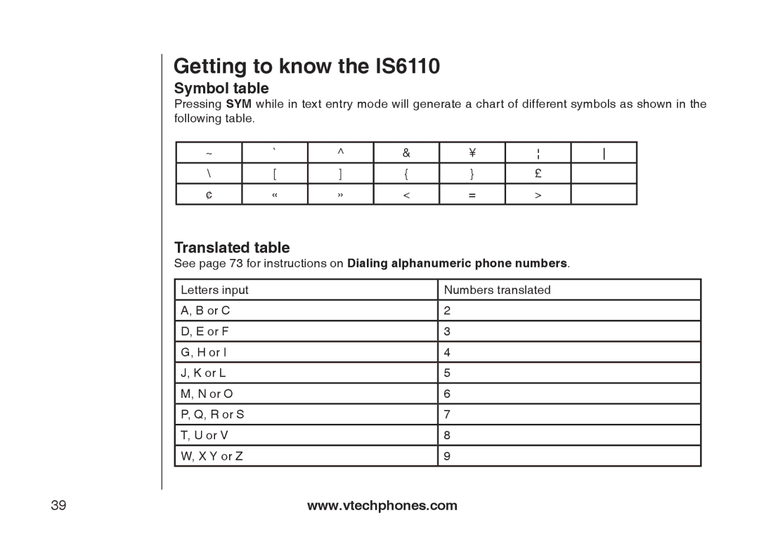 VTech IS6110 user manual Symbol table, Translated table 