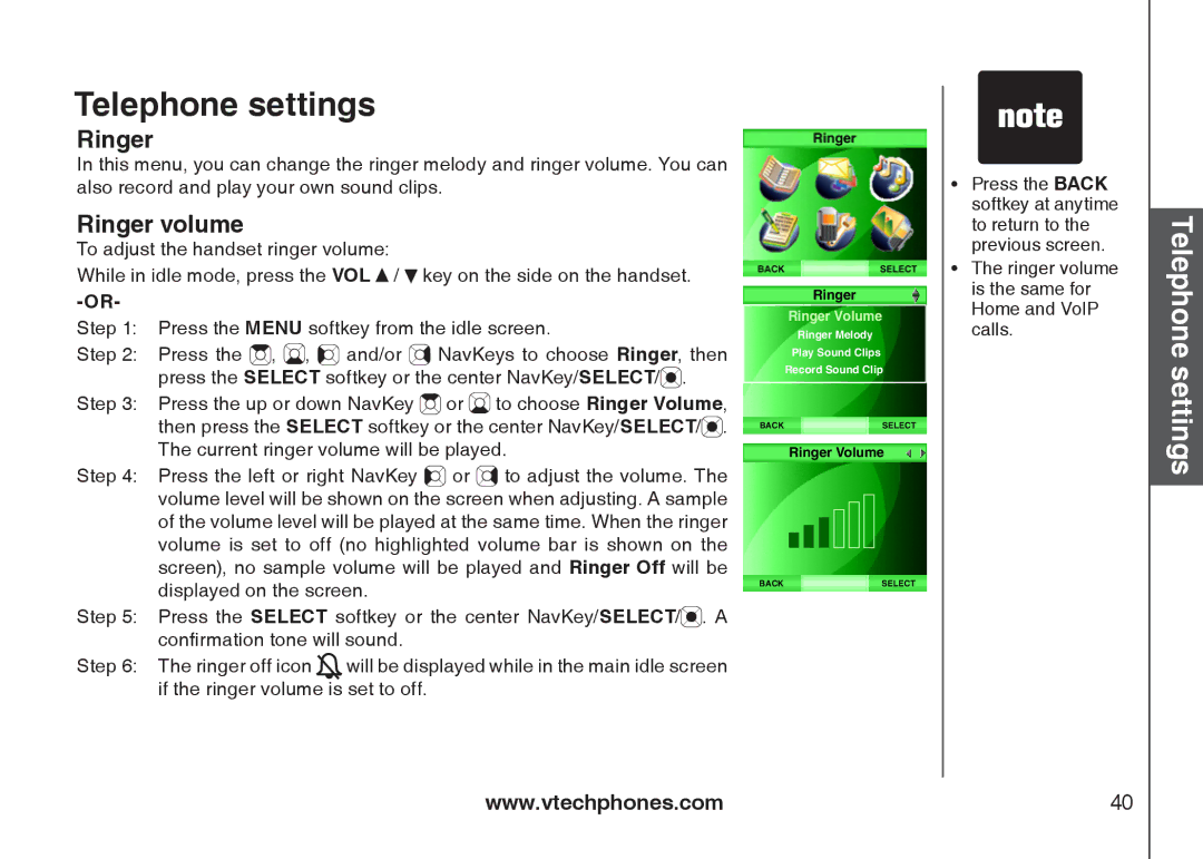 VTech IS6110 user manual Telephone settings, Ringer volume 