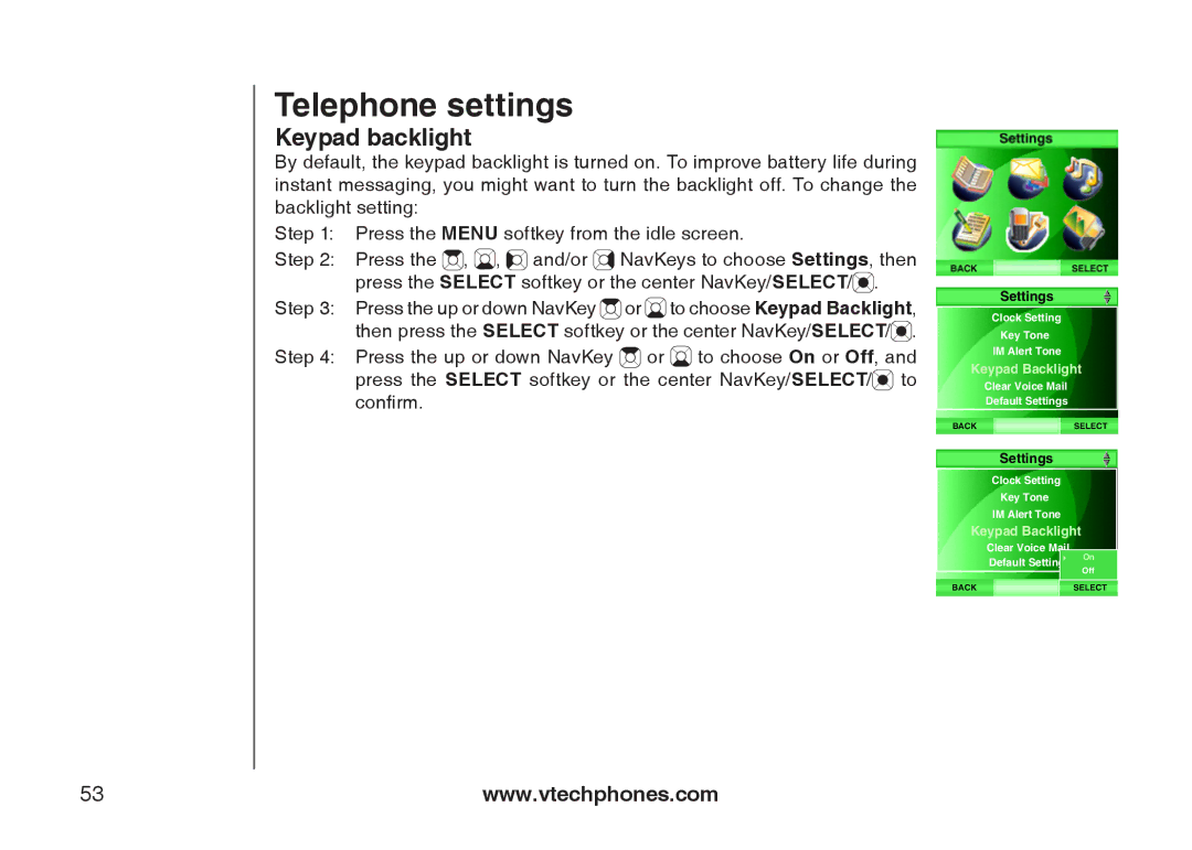 VTech IS6110 user manual Keypad backlight, Keypad Backlight 