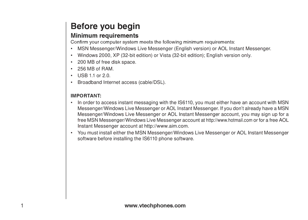 VTech IS6110 user manual Before you begin, Minimum requirements 