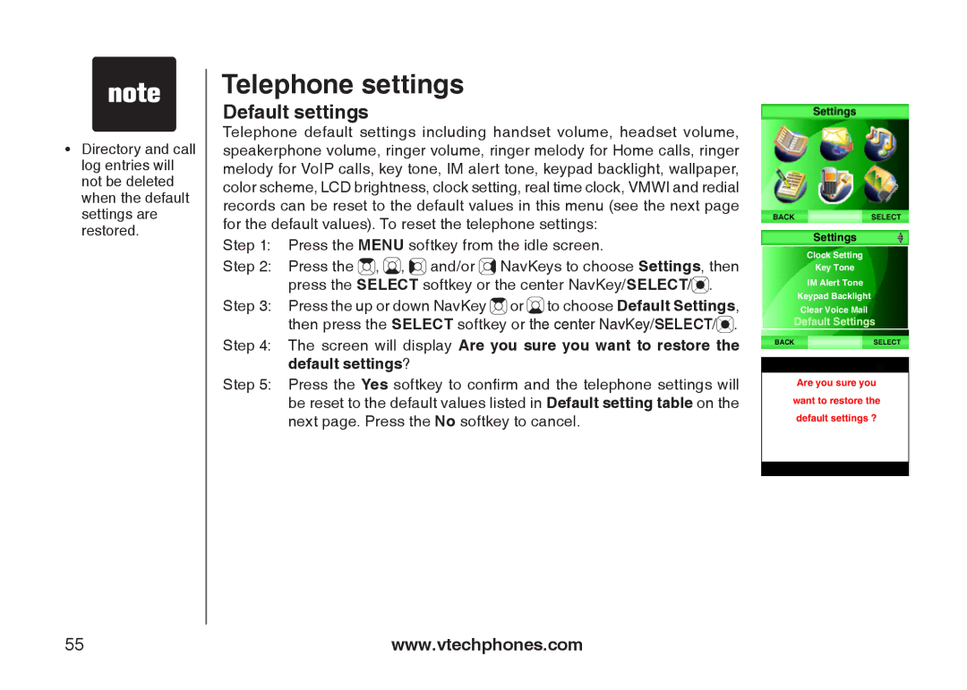 VTech IS6110 user manual Default settings 