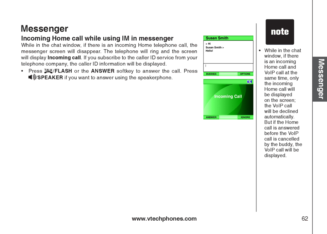 VTech IS6110 user manual Incoming Home call while using IM in messenger 