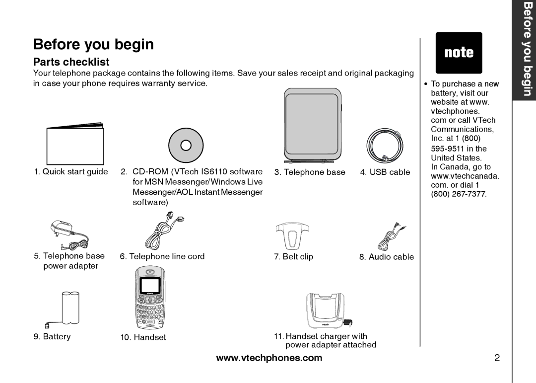 VTech IS6110 user manual Before you begin, Parts checklist 