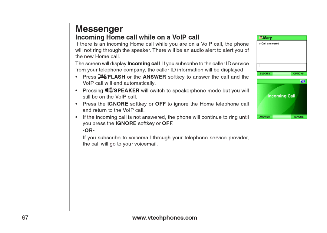 VTech IS6110 user manual Incoming Home call while on a VoIP call 