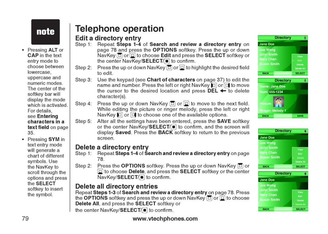 VTech IS6110 user manual Edit a directory entry, Delete a directory entry, Delete all directory entries 