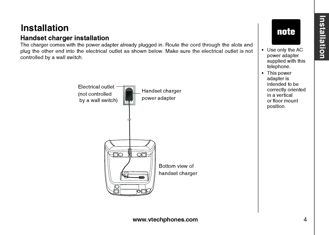 VTech IS6110 user manual Handset charger installation, Bottom view of handset charger 