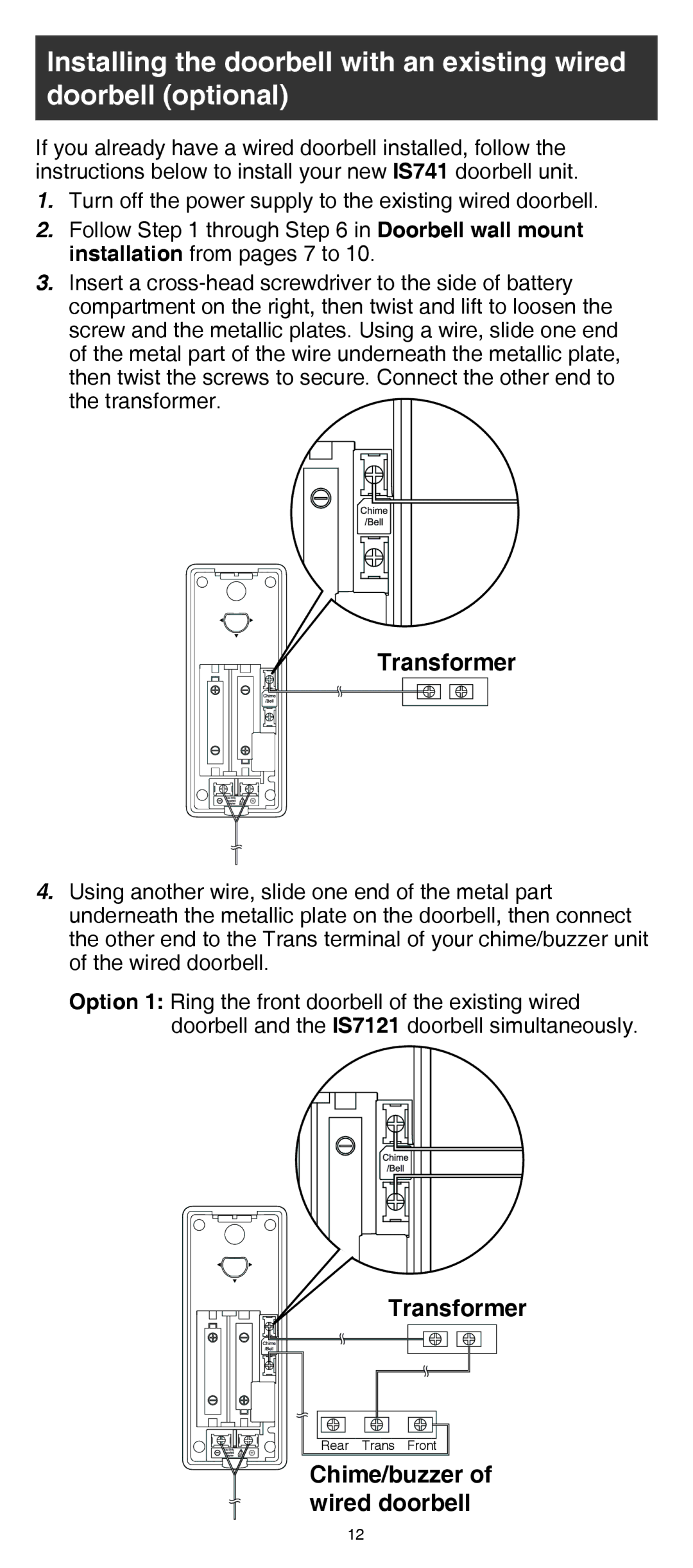 VTech IS7121/IS7121-2/IS7121-22 user manual Transformer, Chime/buzzer of wired doorbell 