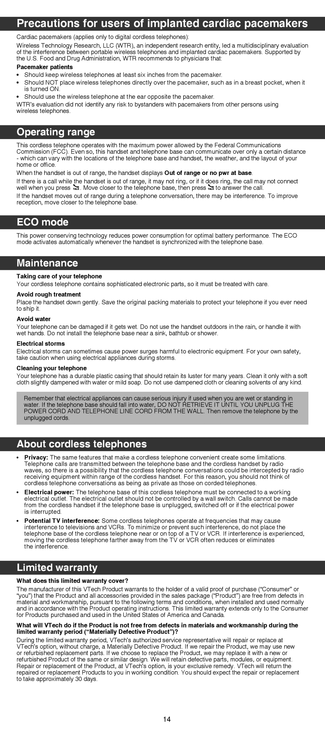 VTech IS7121/IS7121-2/IS7121-22 Operating range, ECO mode, Maintenance, About cordless telephones, Limited warranty 