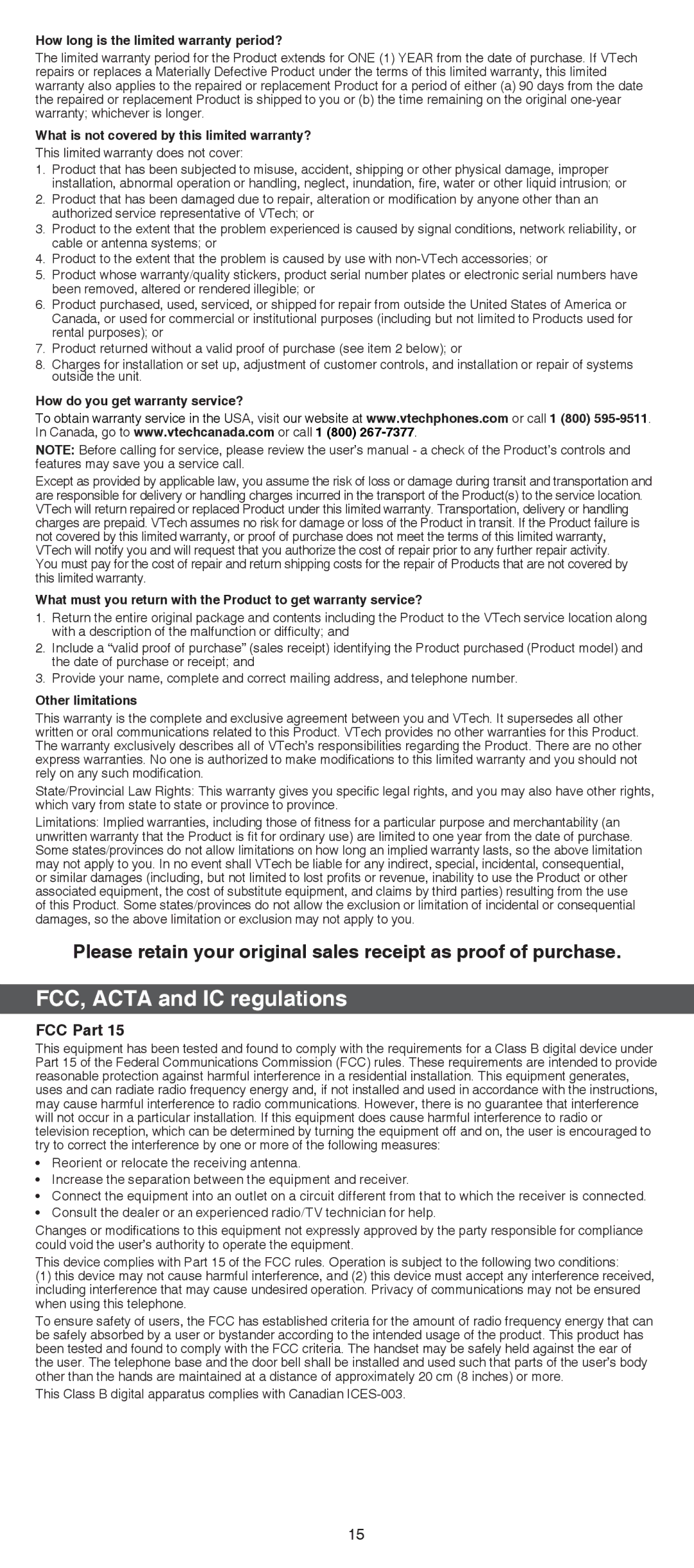 VTech IS7121/IS7121-2/IS7121-22 user manual FCC, Acta and IC regulations, How long is the limited warranty period? 