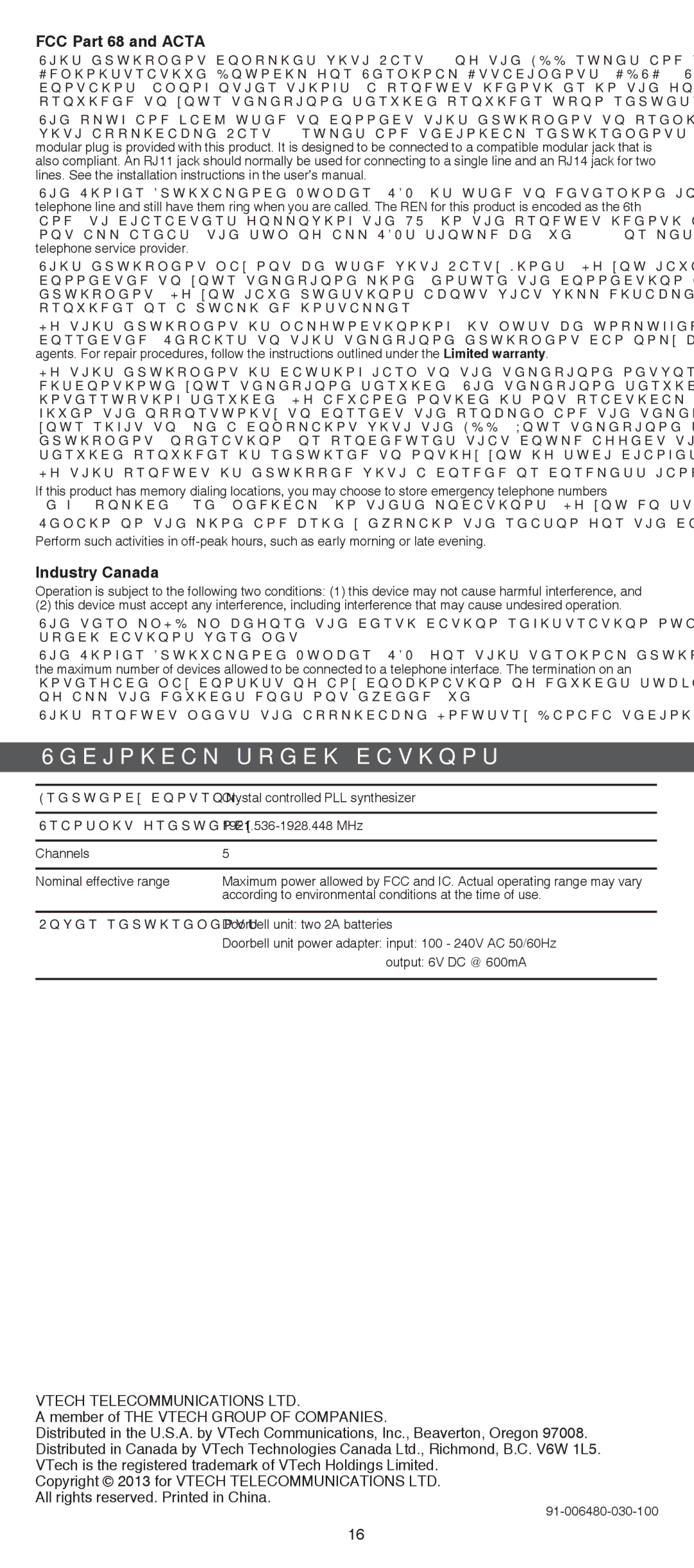 VTech IS7121/IS7121-2/IS7121-22 user manual Technical specifications, FCC Part 68 and Acta 