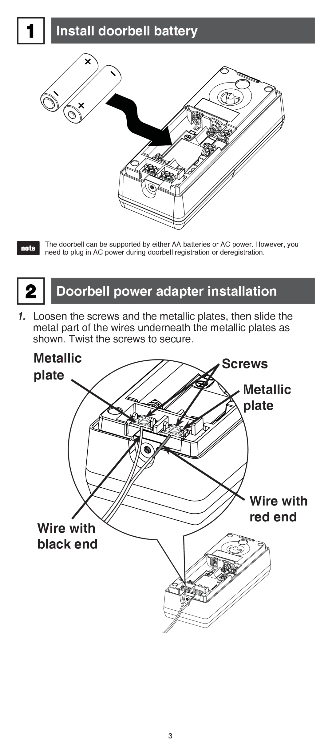 VTech IS7121/IS7121-2/IS7121-22 user manual Install doorbell battery, Doorbell power adapter installation 