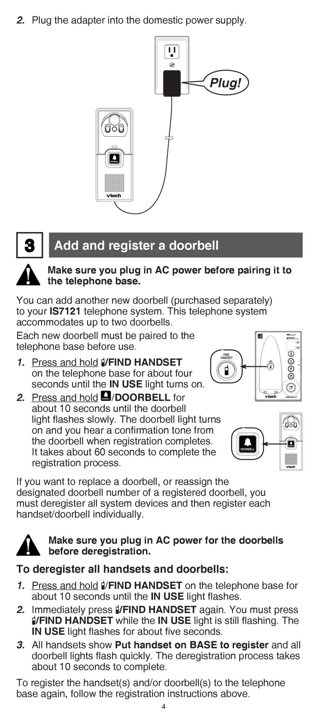 VTech IS7121/IS7121-2/IS7121-22 user manual Add and register a doorbell, To deregister all handsets and doorbells 