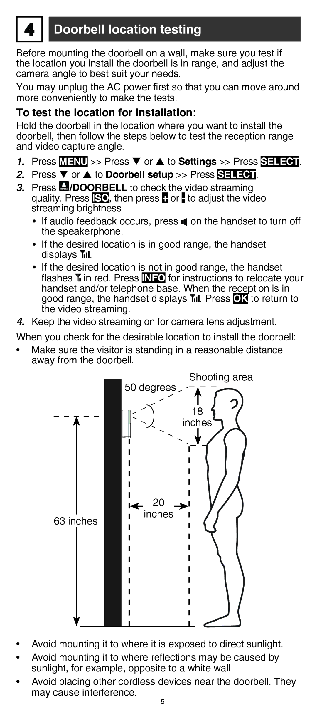 VTech IS7121/IS7121-2/IS7121-22 user manual Doorbell location testing, To test the location for installation 