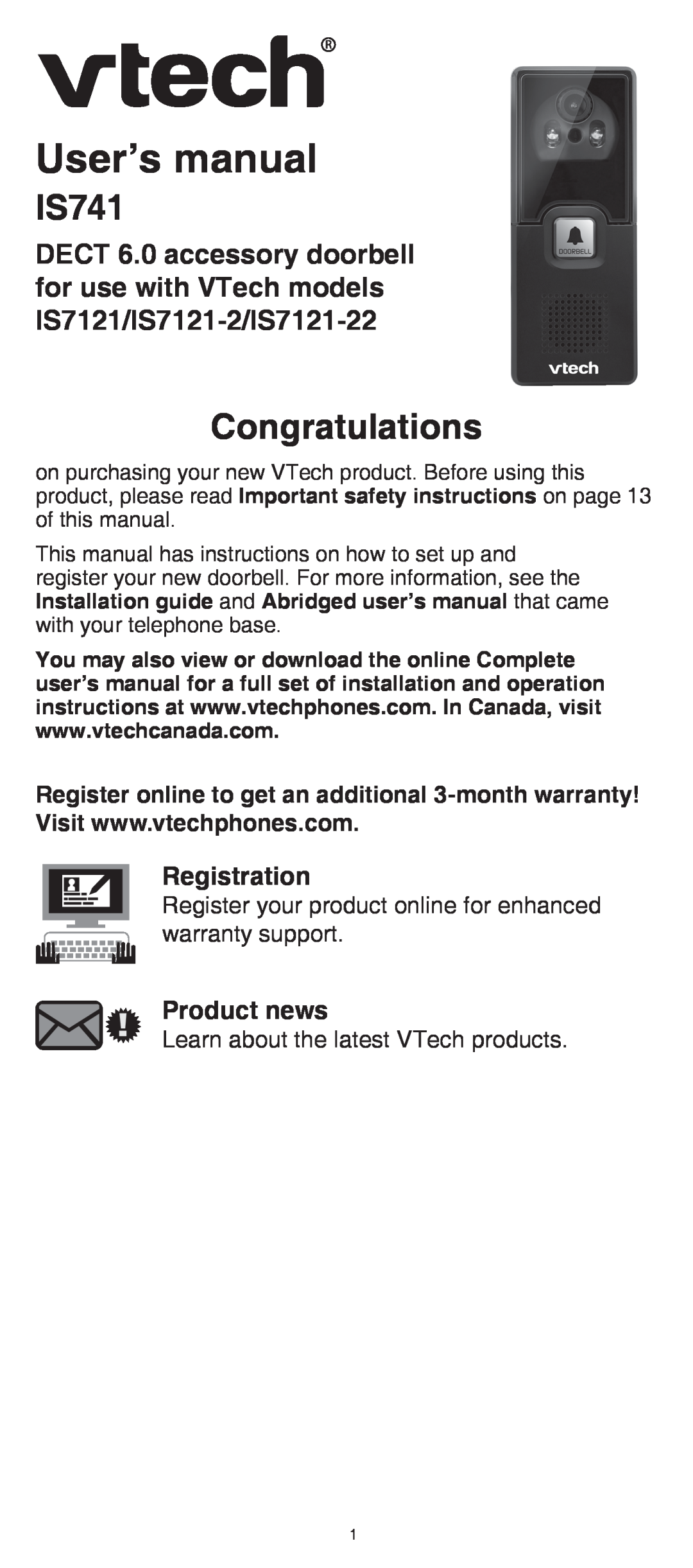 VTech IS7121/IS7121-2/IS7121-22 user manual IS741, Congratulations, Registration, Product news 