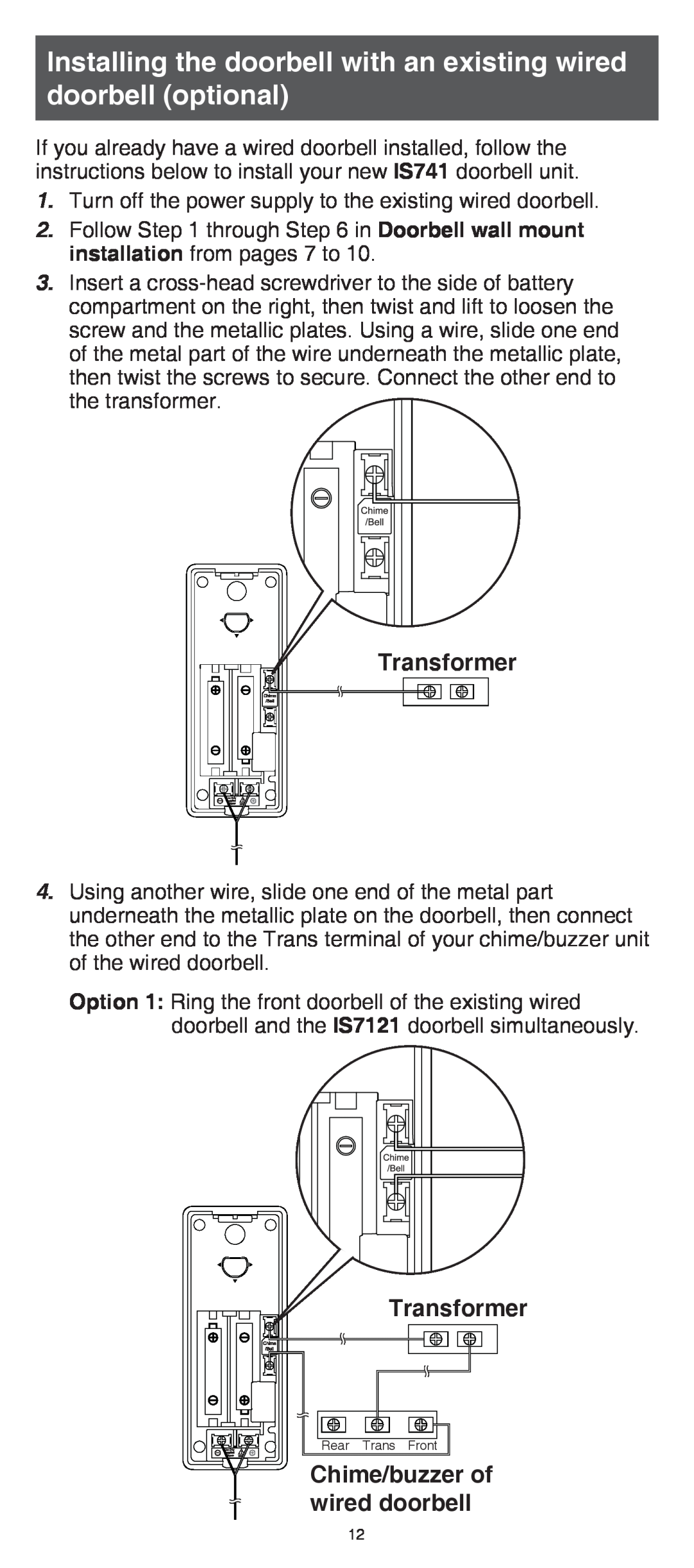 VTech IS7121/IS7121-2/IS7121-22 user manual Transformer, Chime/buzzer of wired doorbell, Rear 