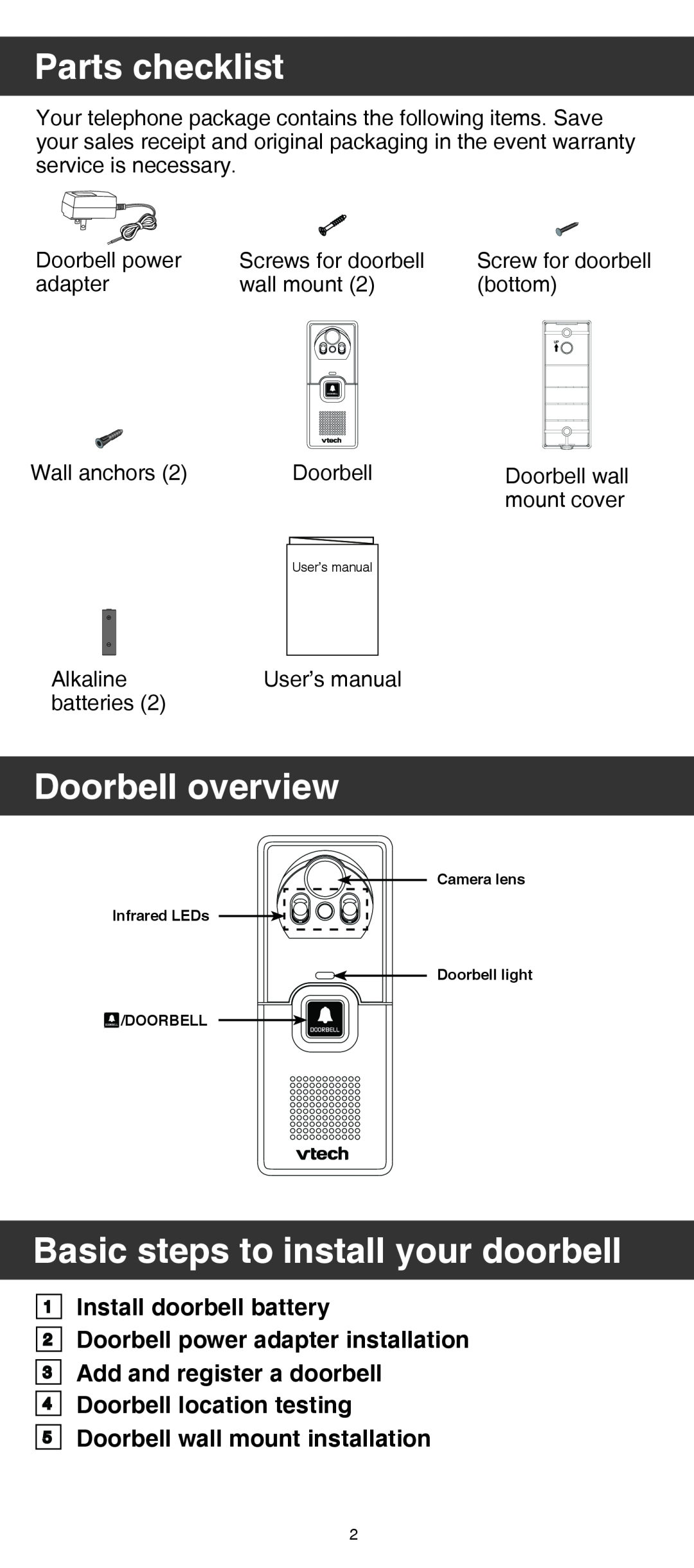 VTech IS7121/IS7121-2/IS7121-22 user manual Install doorbell battery, Parts checklist, Doorbell overview 